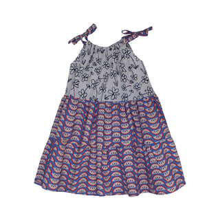 Two-patterned dress with a gray top and blue and red bottom on a white background